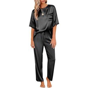 Womens Satin Silky Pajama Set Short Sleeve Shirt with Long Pajama Black